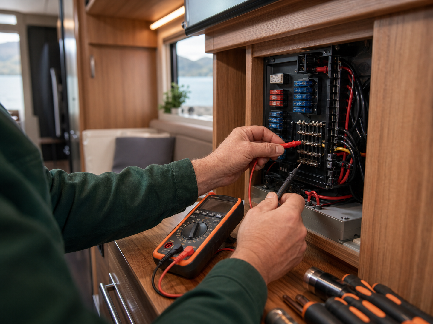 Technician testing a motorhome electrical system