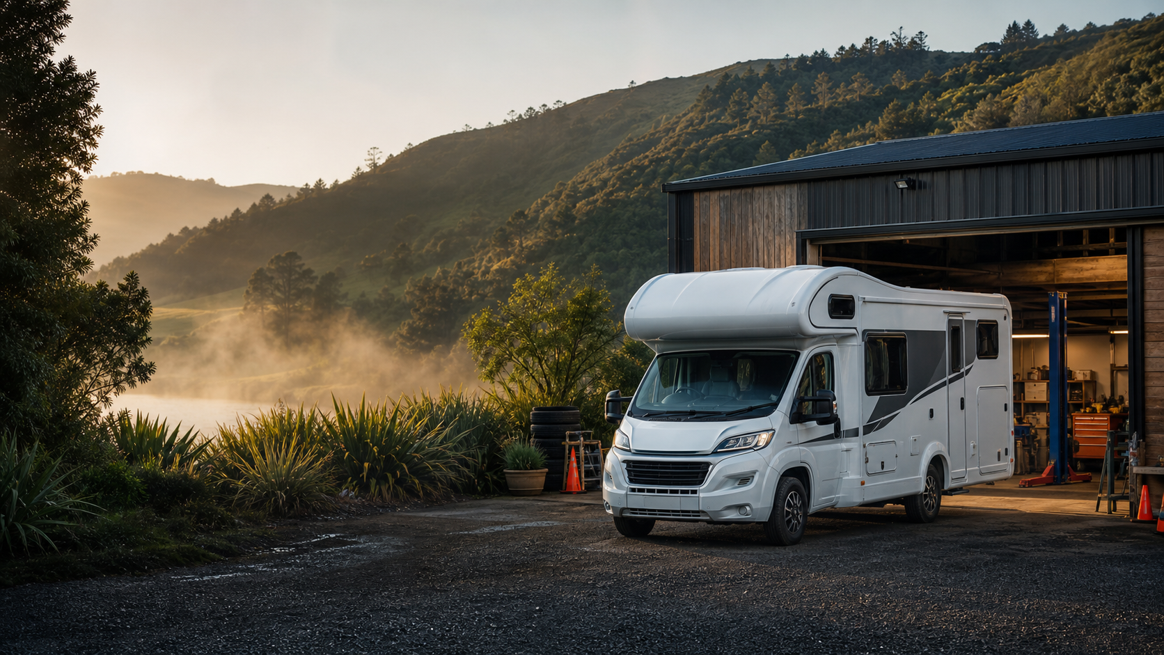 Motorhome outside an independent rural New Zealand workshop