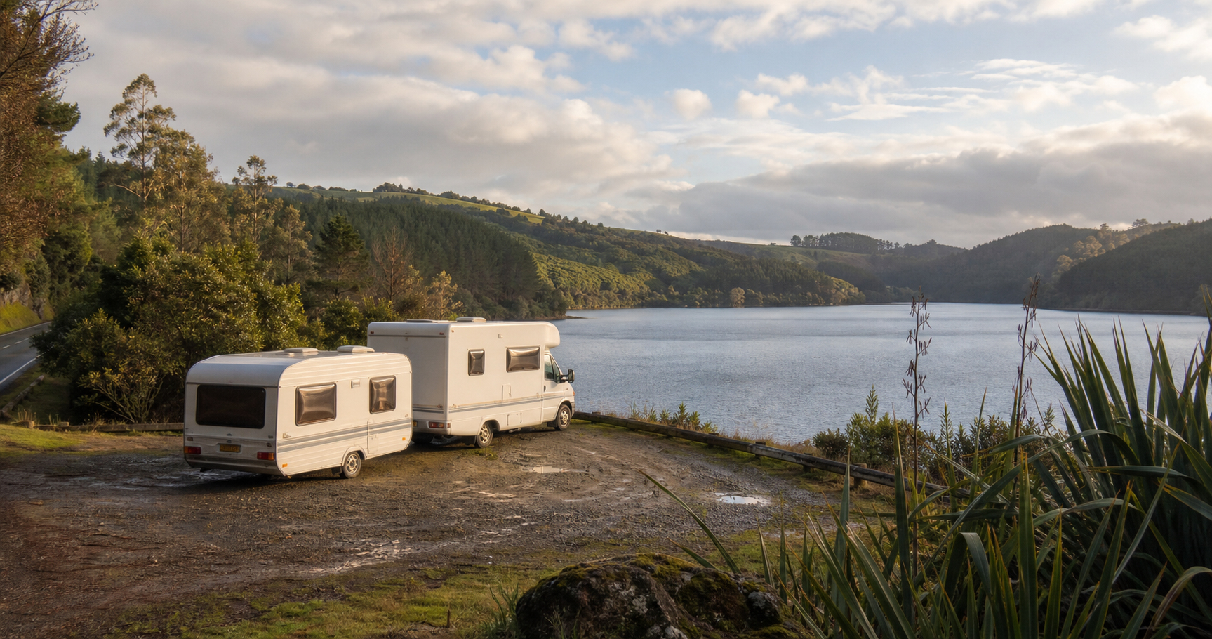 Motorhome and caravan beside central North Island lake country