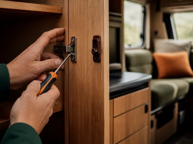 Repairing a motorhome interior cabinet hinge