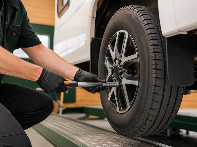 Inspecting a motorhome wheel during servicing